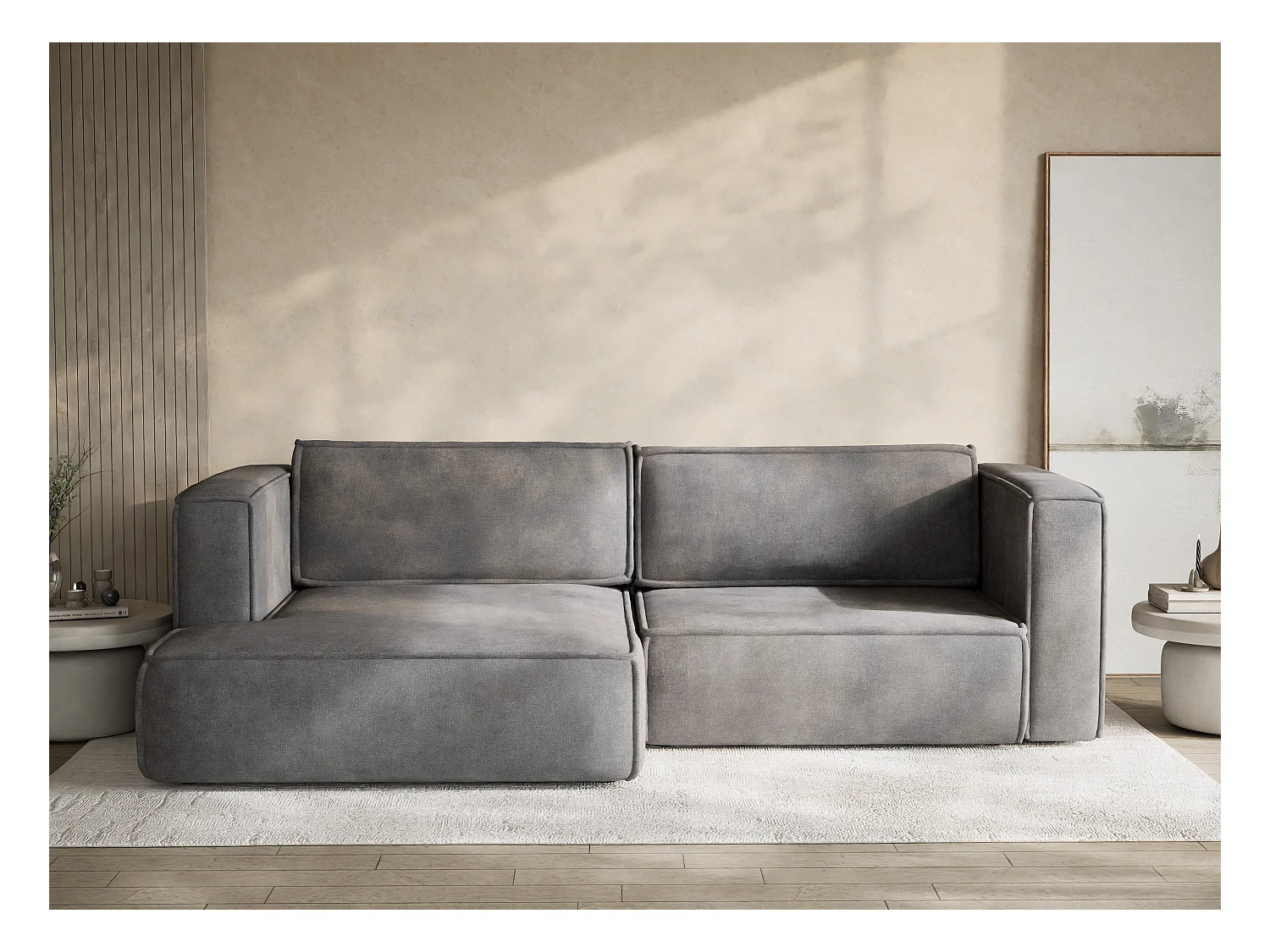 Canapé d'angle gauche avec fonction lit en tissu chenille gris VELTO