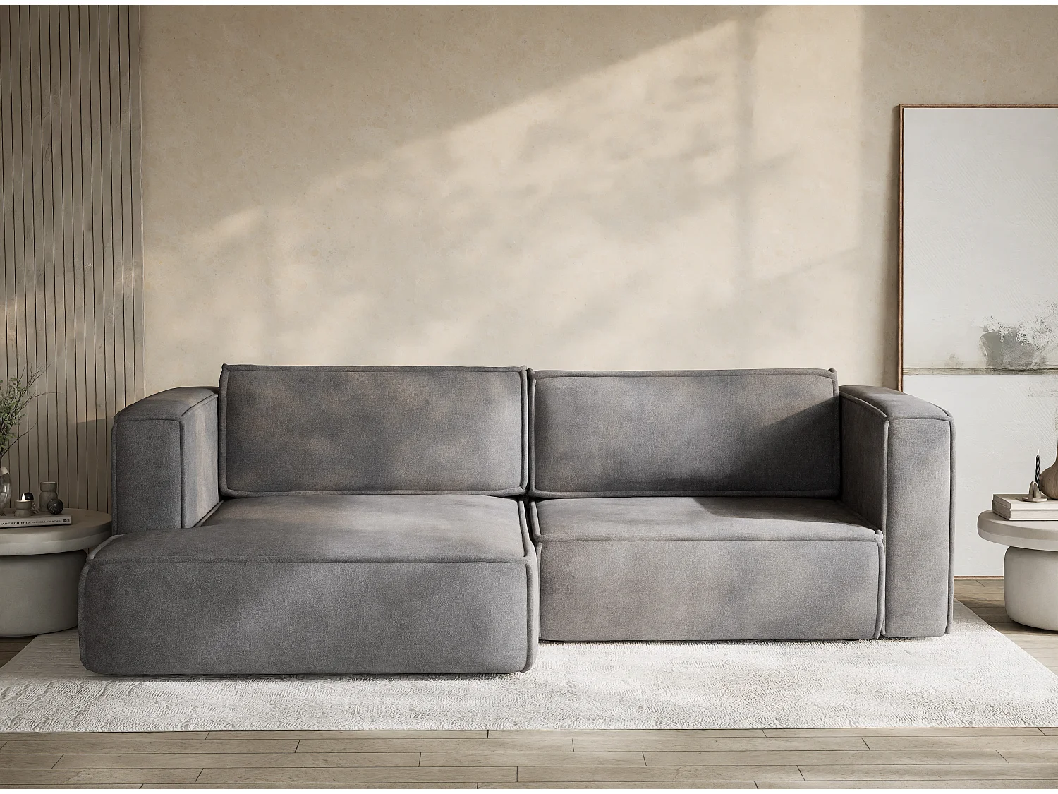 Canapé d'angle gauche avec fonction lit en tissu chenille gris VELTO