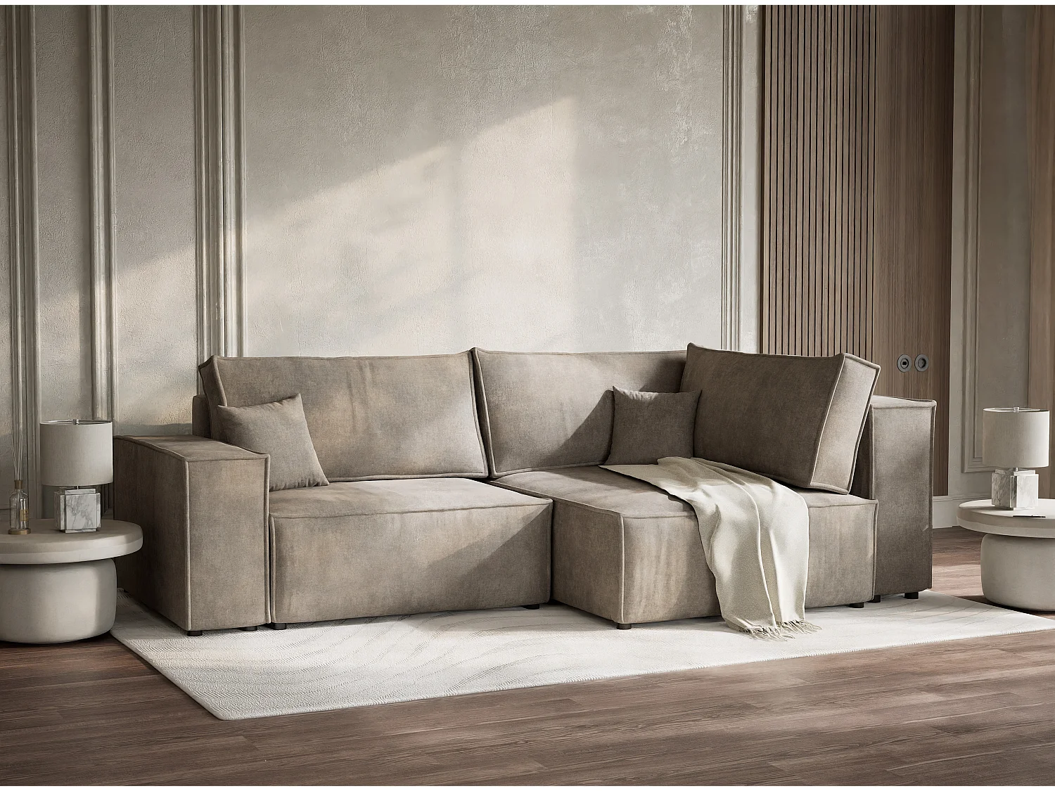 Canapé d'angle droit avec fonction lit en tissu chenille taupe TONGA