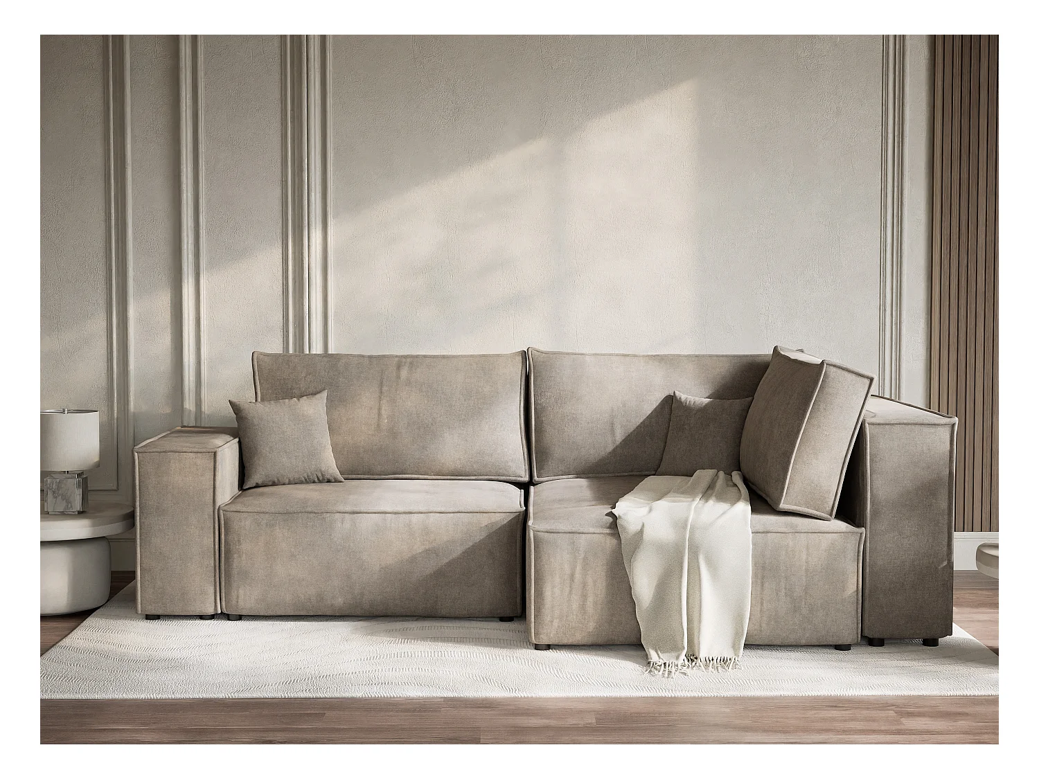 Canapé d'angle droit avec fonction lit en tissu chenille taupe TONGA