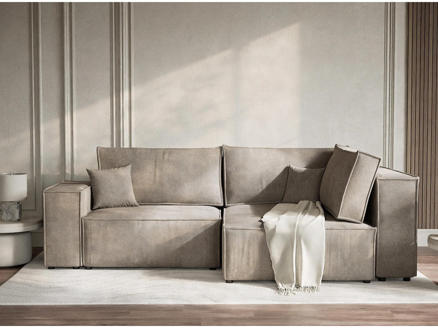 Canapé d'angle droit avec fonction lit en tissu chenille taupe TONGA