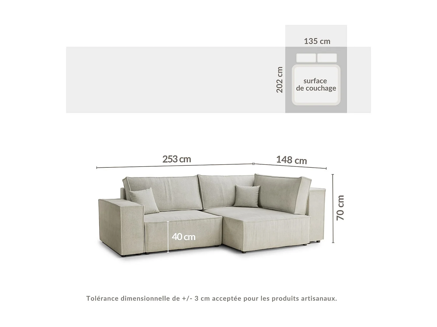 Canapé d'angle droit avec fonction lit en tissu chenille taupe TONGA