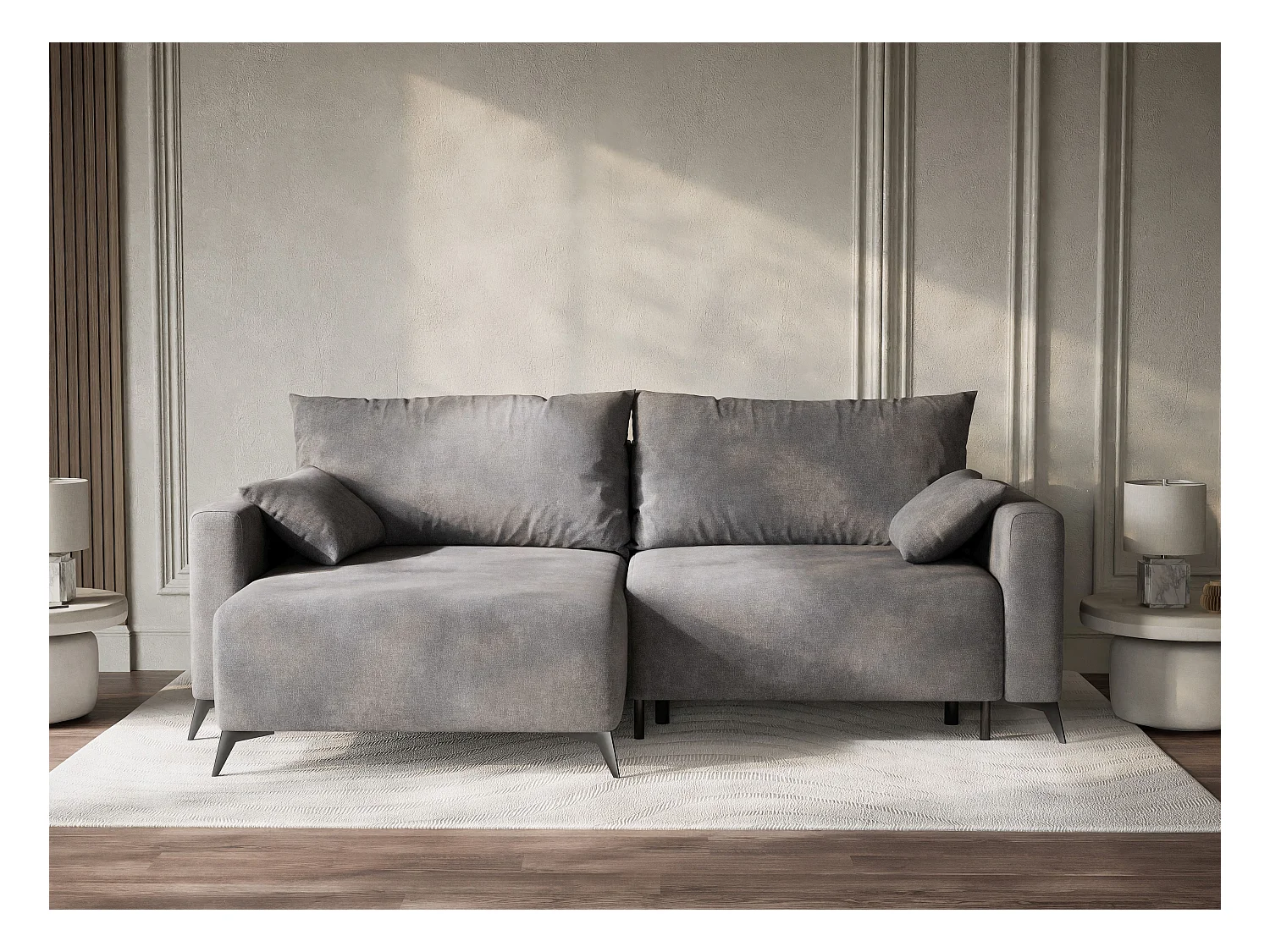 Canapé d'angle gauche avec fonction lit en tissu chenille gris LEON