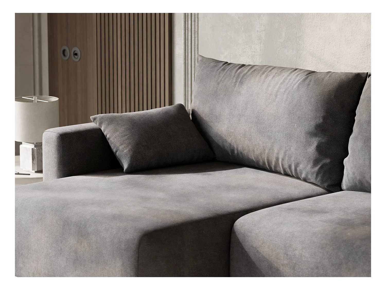 Canapé d'angle gauche avec fonction lit en tissu chenille gris LEON