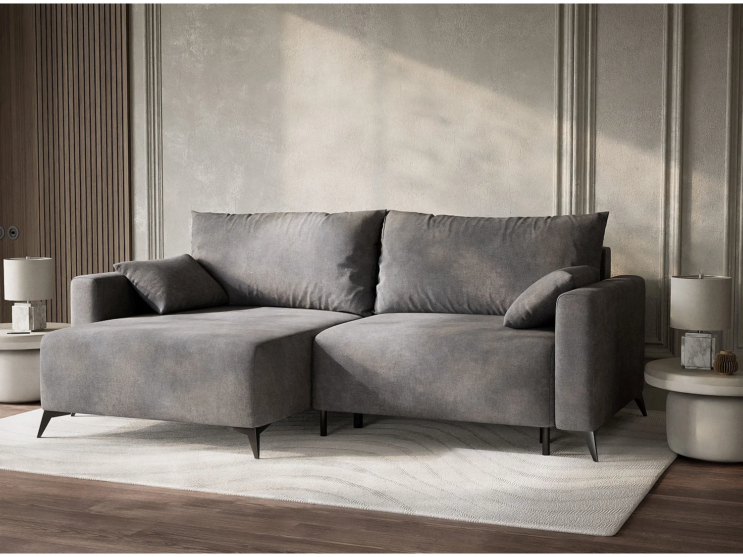 Canapé d'angle gauche avec fonction lit en tissu chenille gris LEON