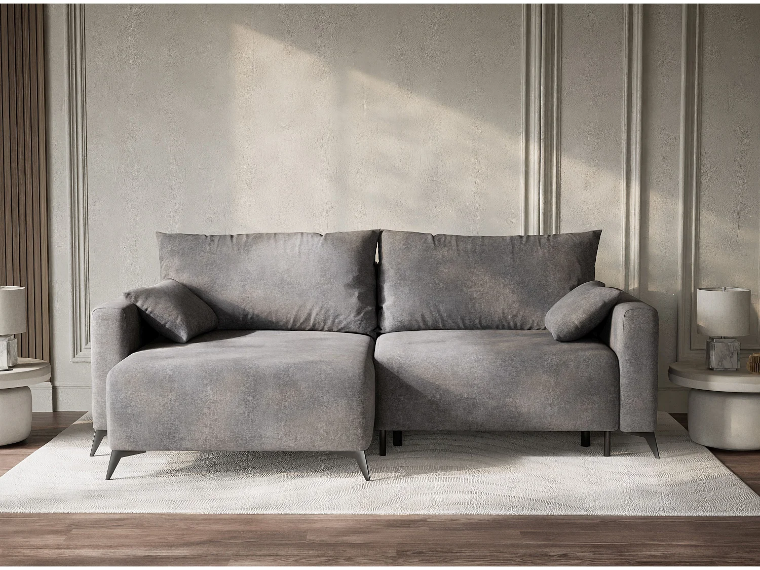 Canapé d'angle gauche avec fonction lit en tissu chenille gris LEON