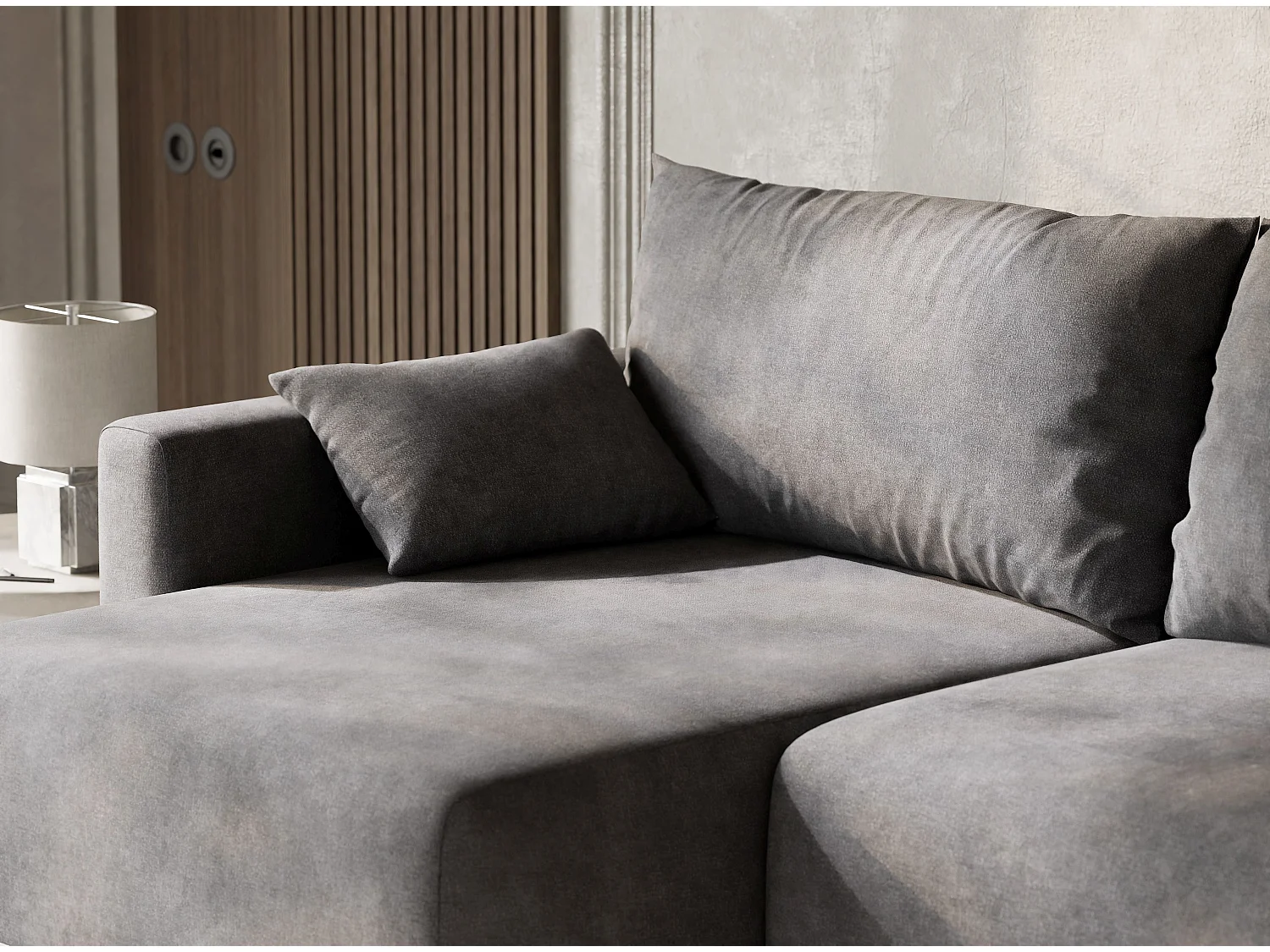 Canapé d'angle gauche avec fonction lit en tissu chenille gris LEON