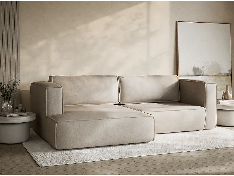 Canapé d'angle gauche avec fonction lit en tissu tressé beige VELTO
