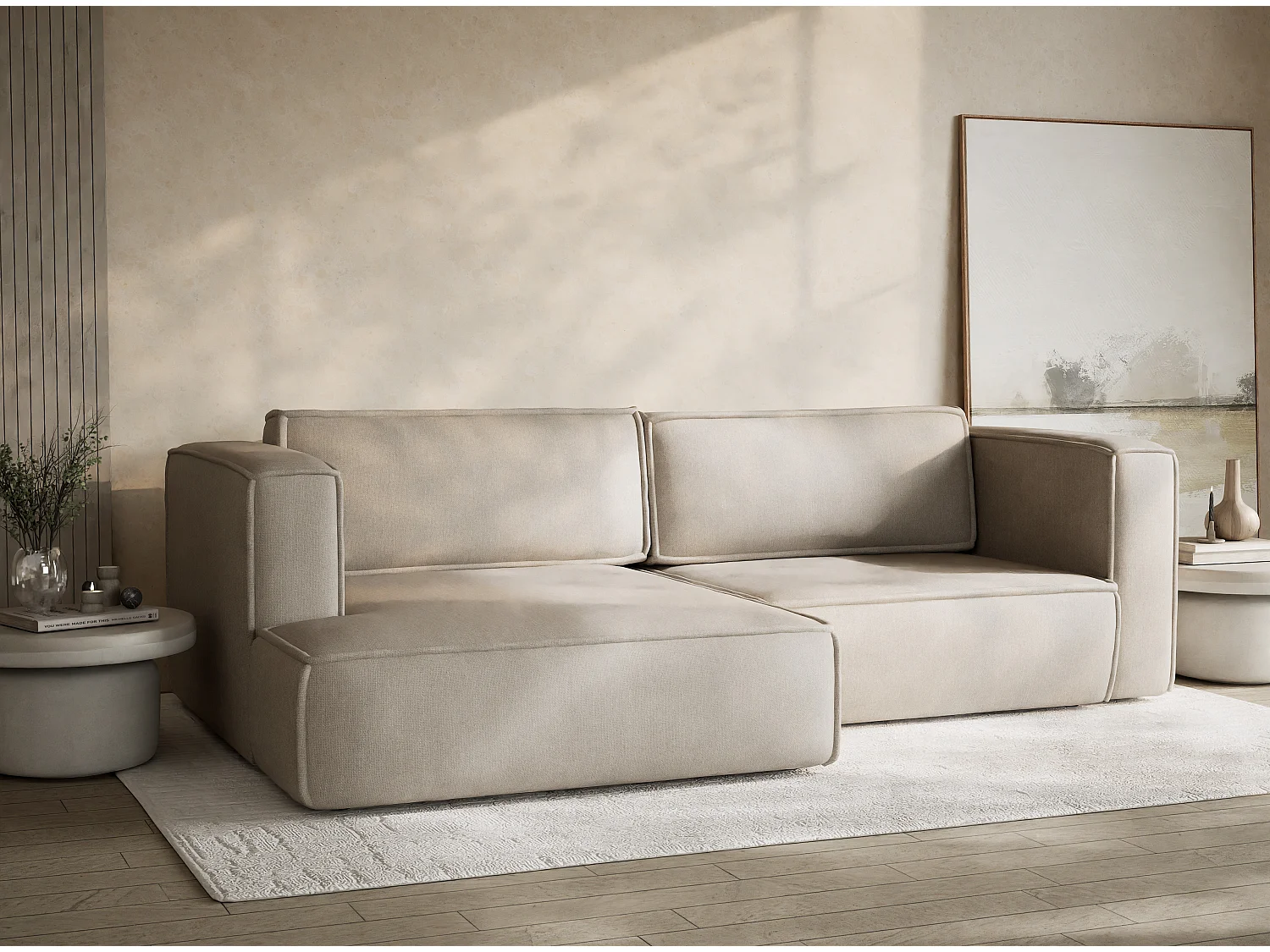 Canapé d'angle gauche avec fonction lit en tissu tressé beige VELTO