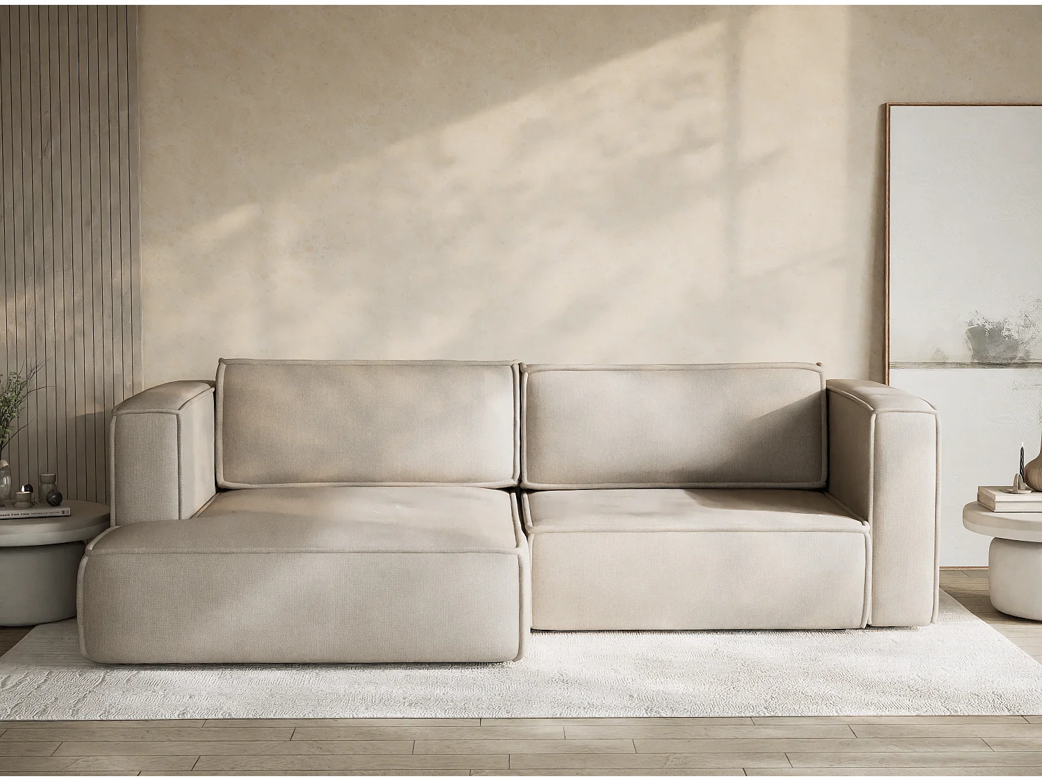 Canapé d'angle gauche avec fonction lit en tissu tressé beige VELTO