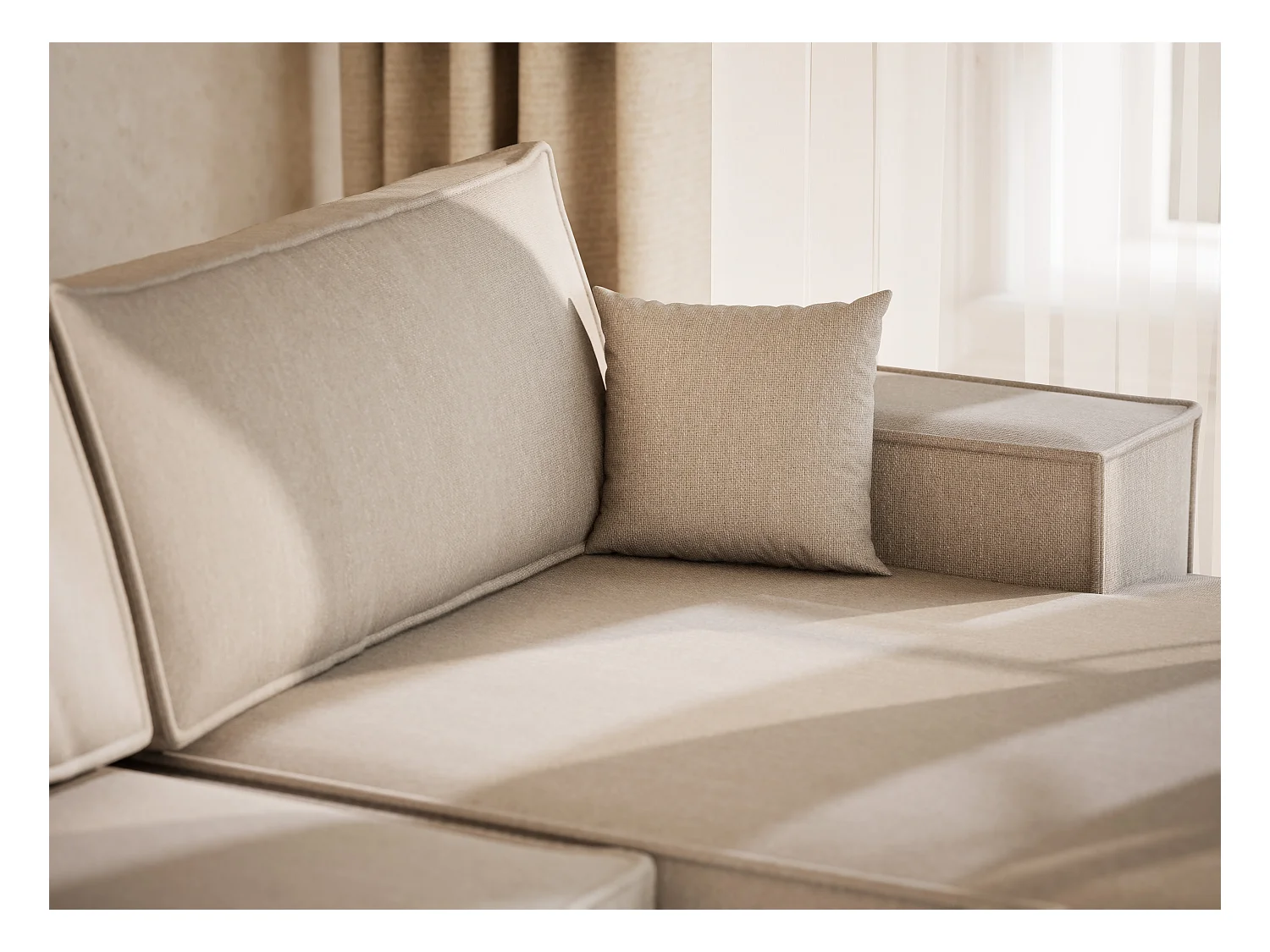 Canapé d'angle panoramique avec fonction lit en tissu tressé beige KYOTO