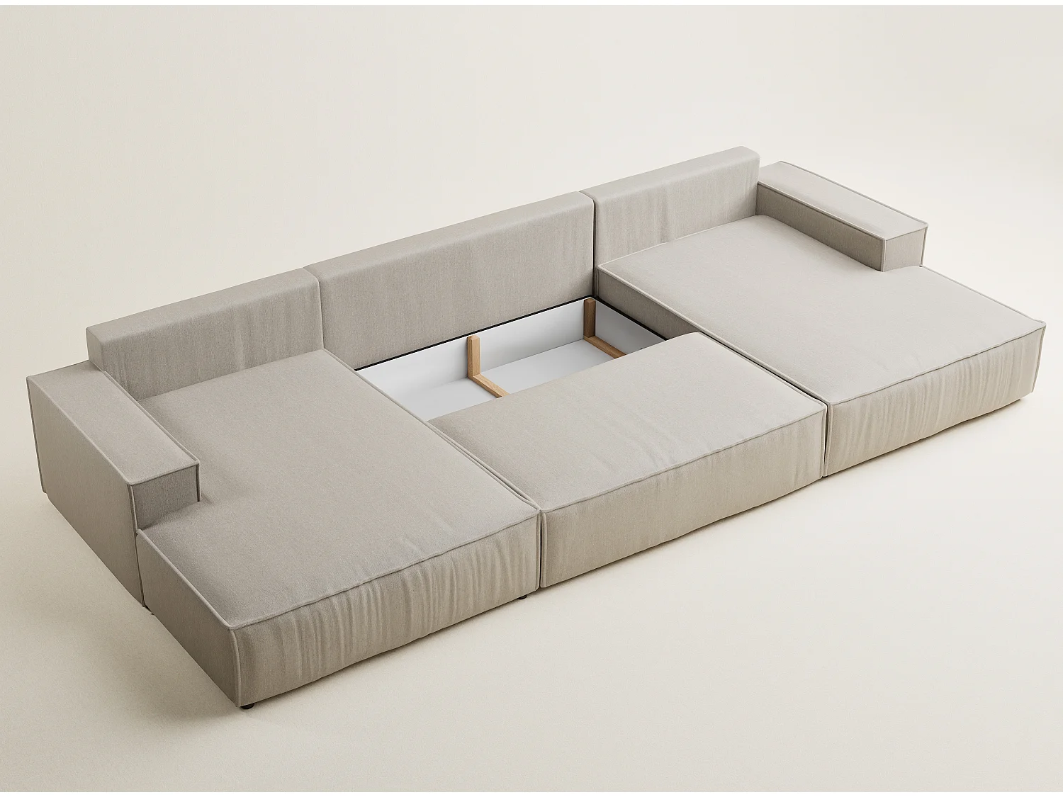 Canapé d'angle panoramique avec fonction lit en tissu tressé beige KYOTO