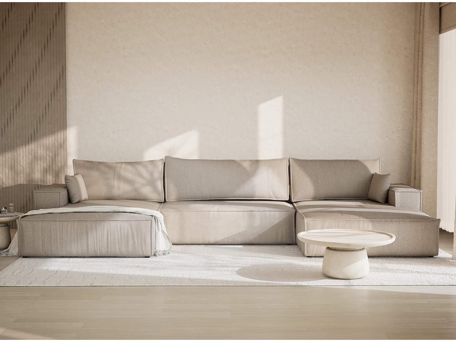 Canapé d'angle panoramique avec fonction lit en tissu tressé beige KYOTO