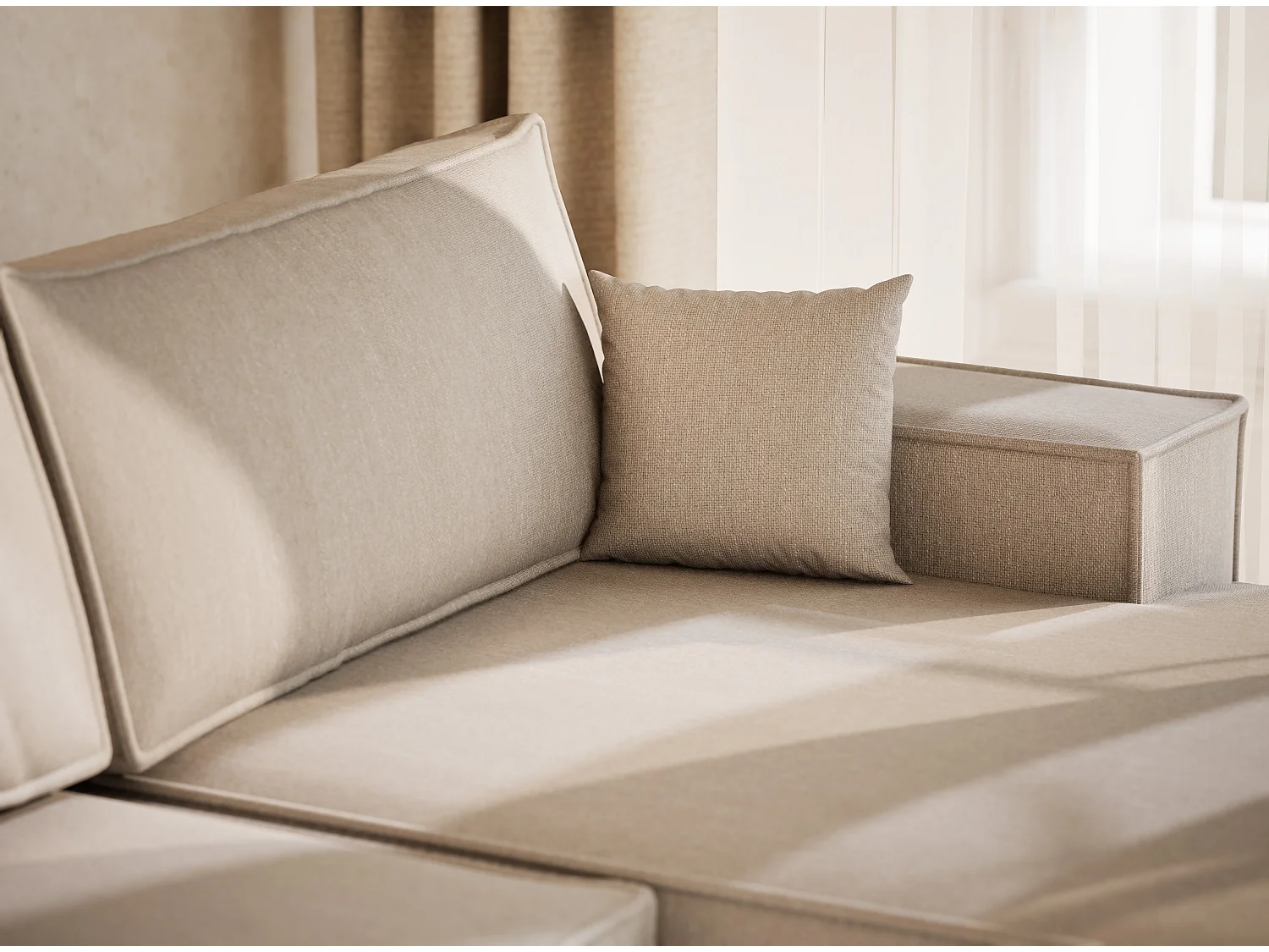 Canapé d'angle panoramique avec fonction lit en tissu tressé beige KYOTO