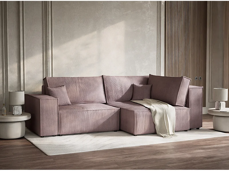 Canapé d'angle droit avec fonction lit en velours violet TONGA