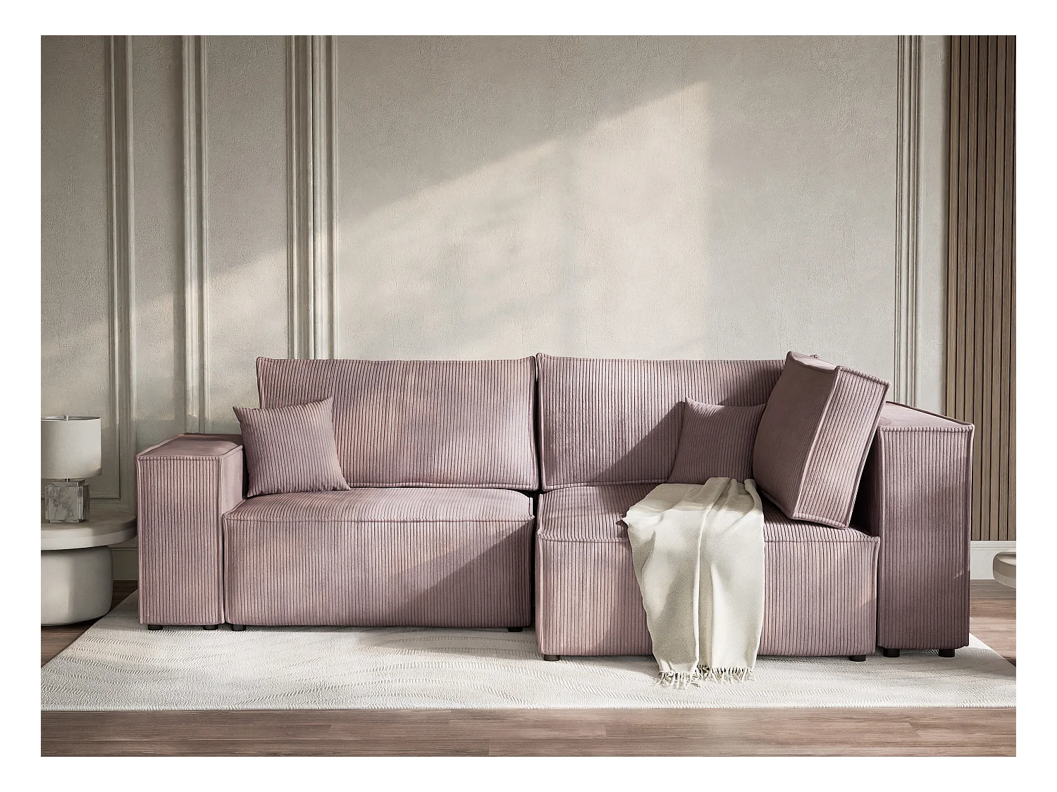 Canapé d'angle droit avec fonction lit en velours violet TONGA