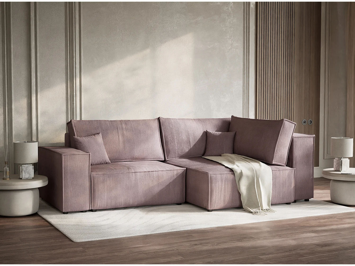 Canapé d'angle droit avec fonction lit en velours violet TONGA