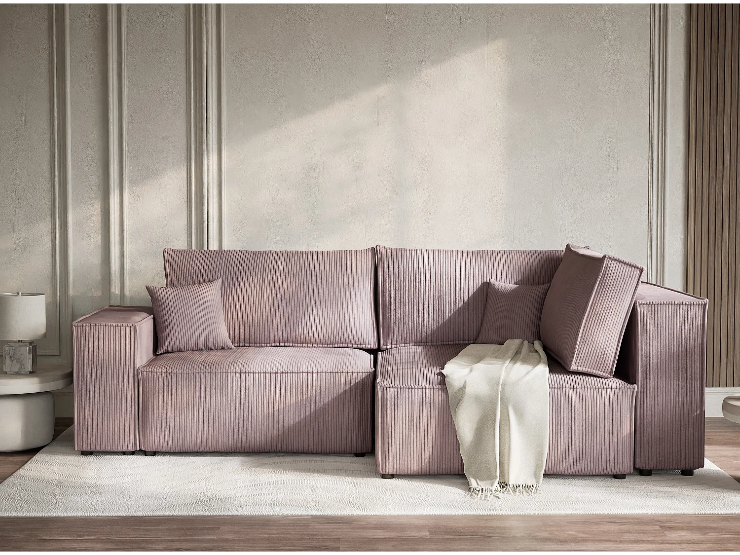 Canapé d'angle droit avec fonction lit en velours violet TONGA