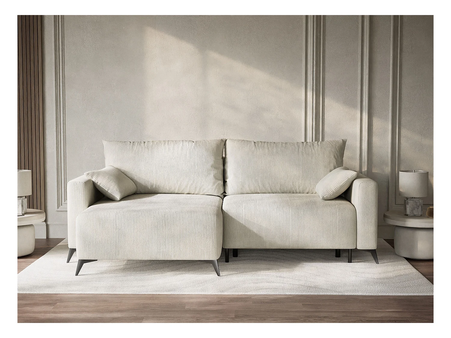 Canapé d'angle gauche avec fonction lit en velours creme LEON