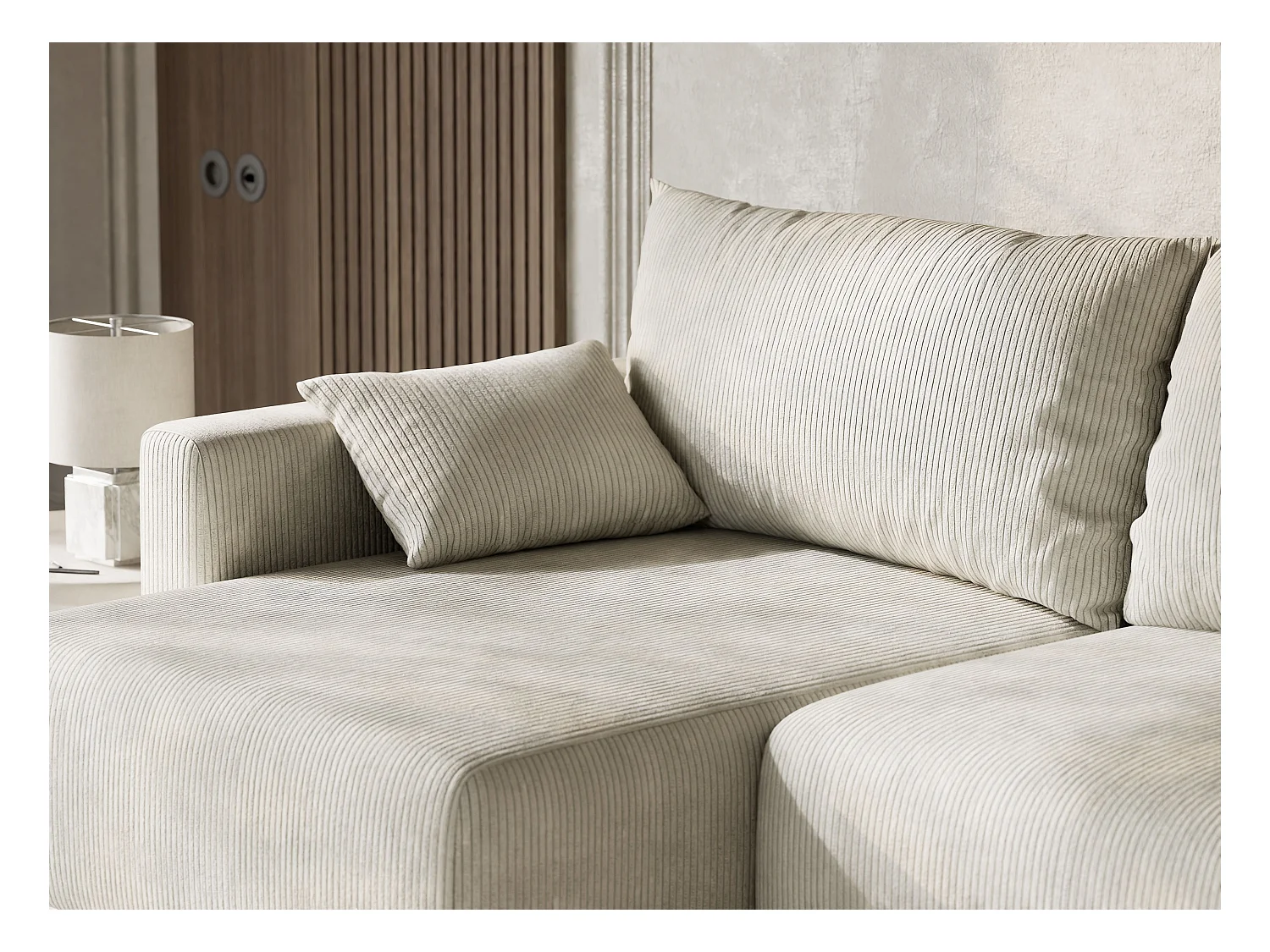 Canapé d'angle gauche avec fonction lit en velours creme LEON