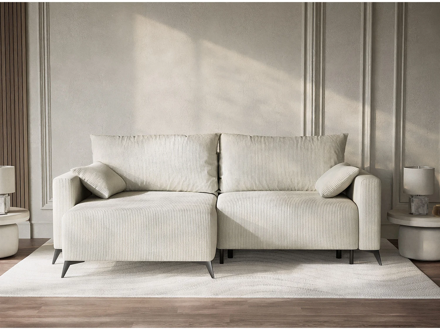 Canapé d'angle gauche avec fonction lit en velours creme LEON