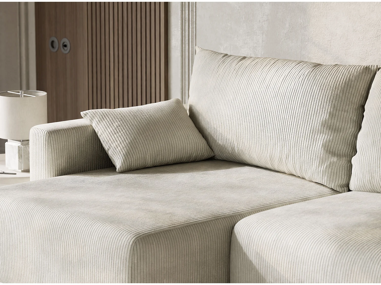 Canapé d'angle gauche avec fonction lit en velours creme LEON