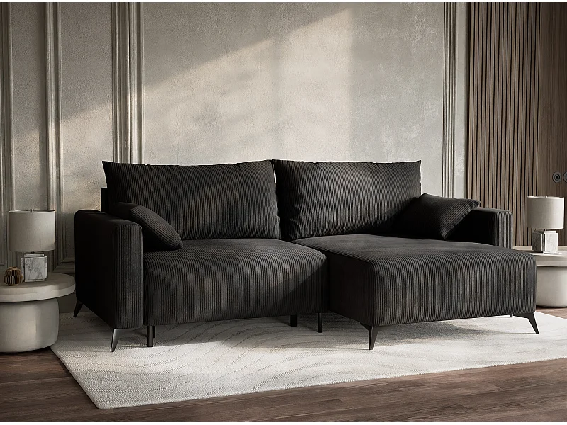 Canapé d'angle droit avec fonction lit en velours graphite LEON