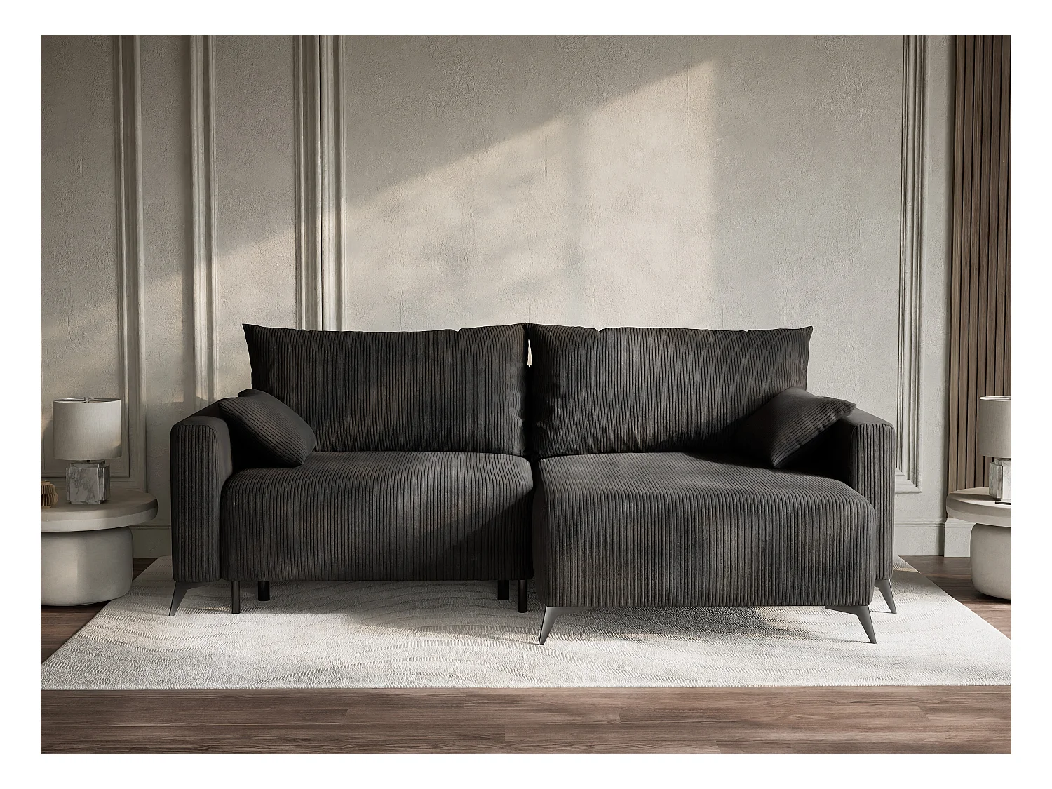 Canapé d'angle droit avec fonction lit en velours graphite LEON