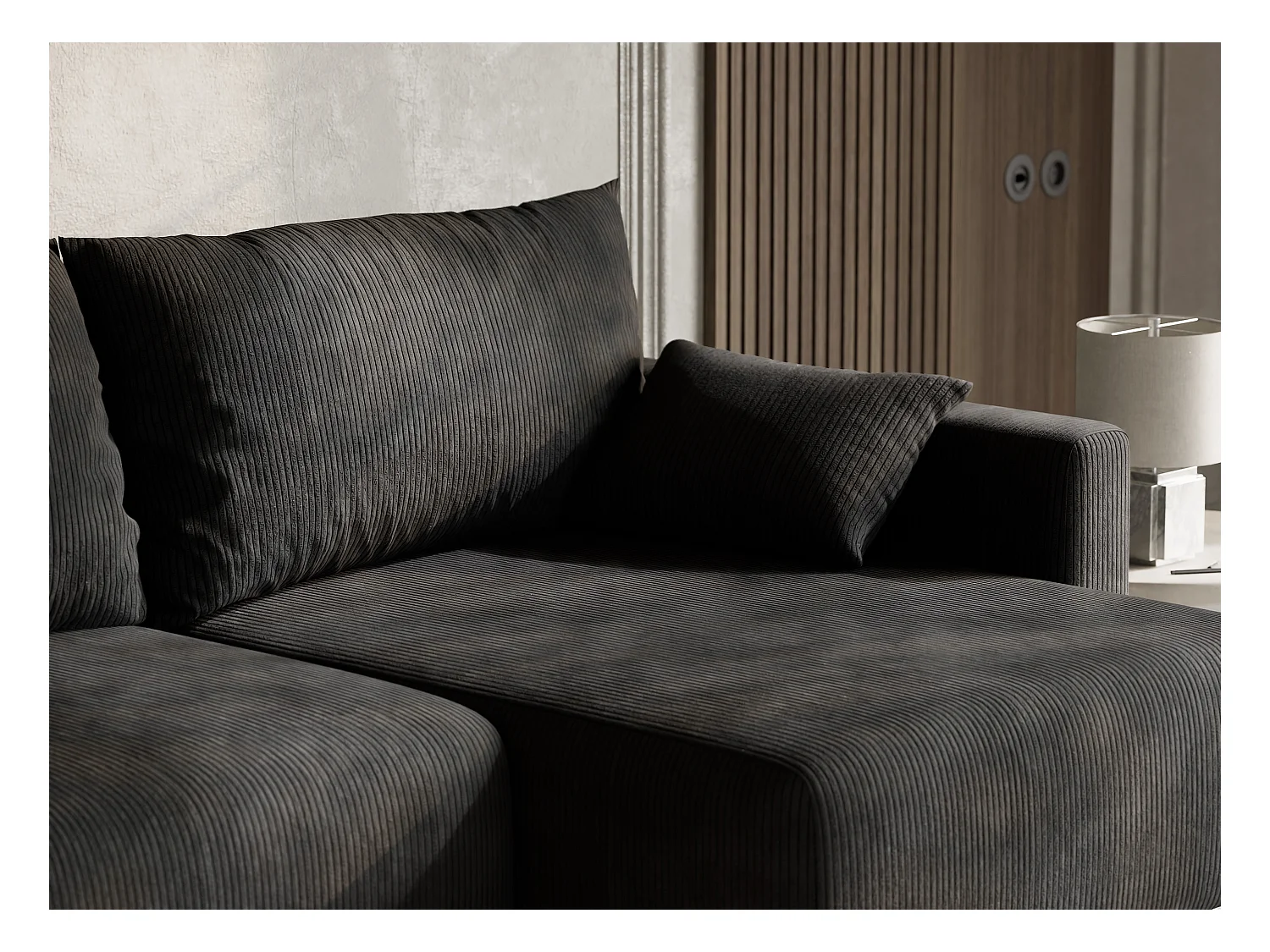 Canapé d'angle droit avec fonction lit en velours graphite LEON