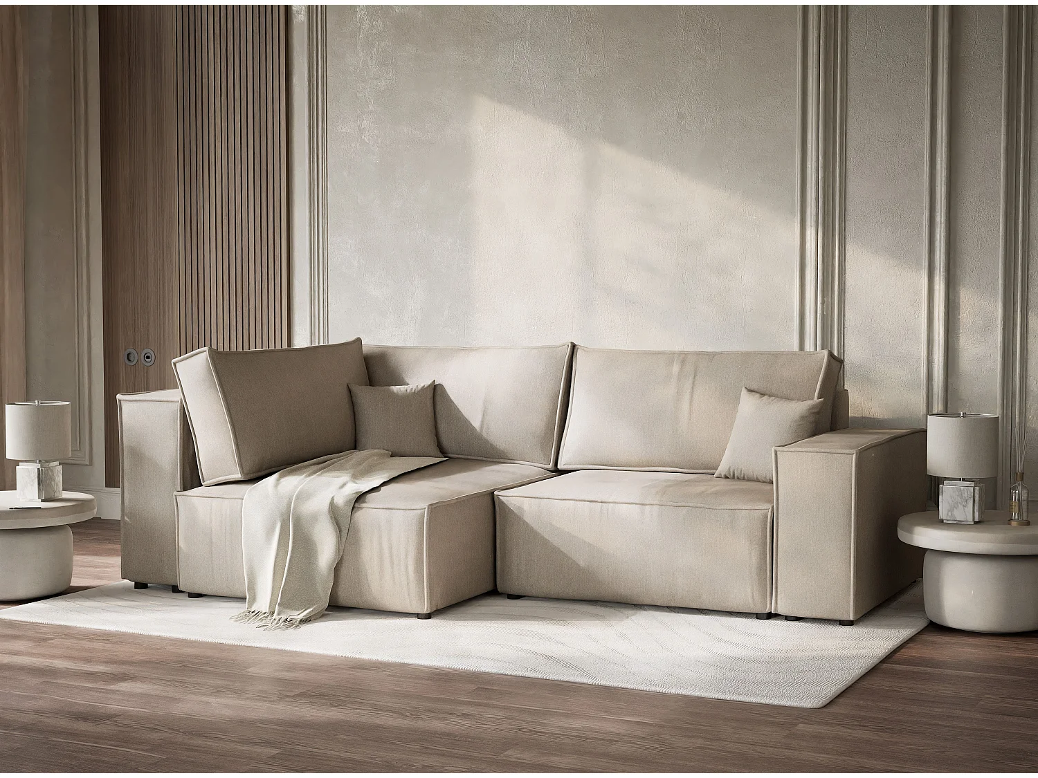 Canapé d'angle gauche avec fonction lit en tissu tressé beige TONGA