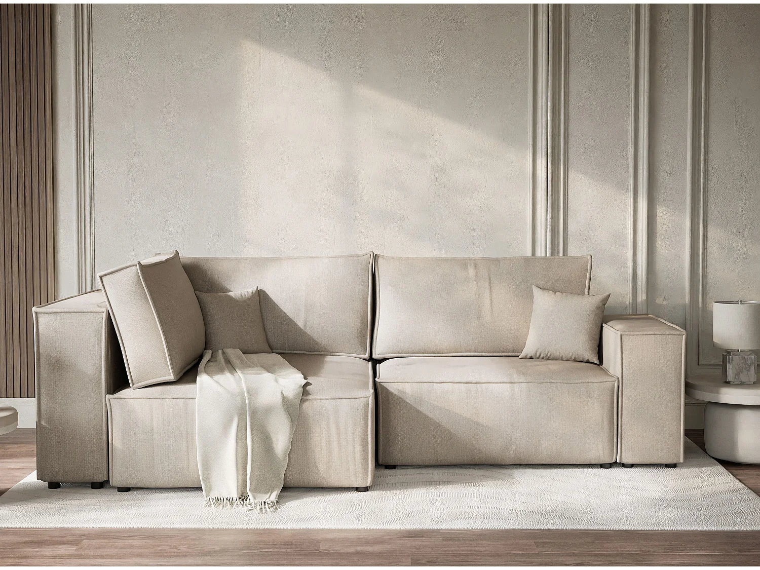 Canapé d'angle gauche avec fonction lit en tissu tressé beige TONGA