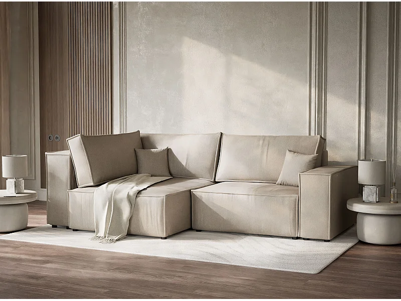 Canapé d'angle gauche avec fonction lit en tissu tressé beige TONGA