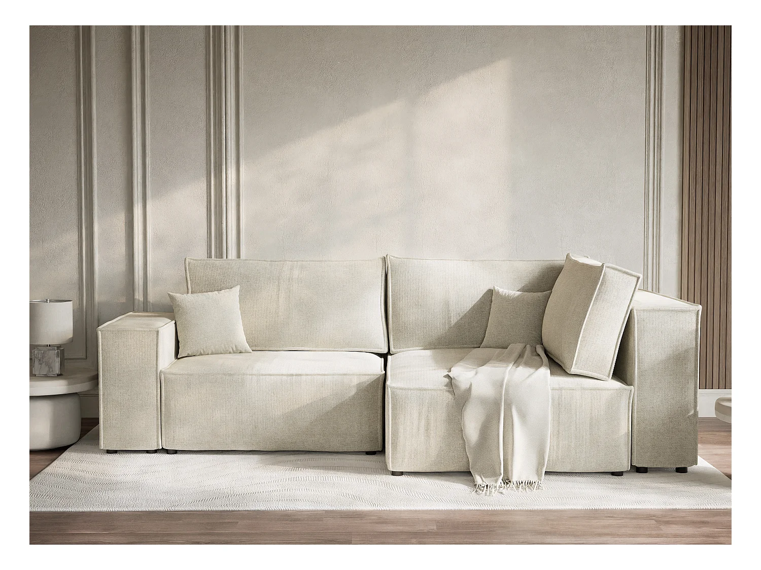 Canapé d'angle droit avec fonction lit en tissu chenille creme TONGA