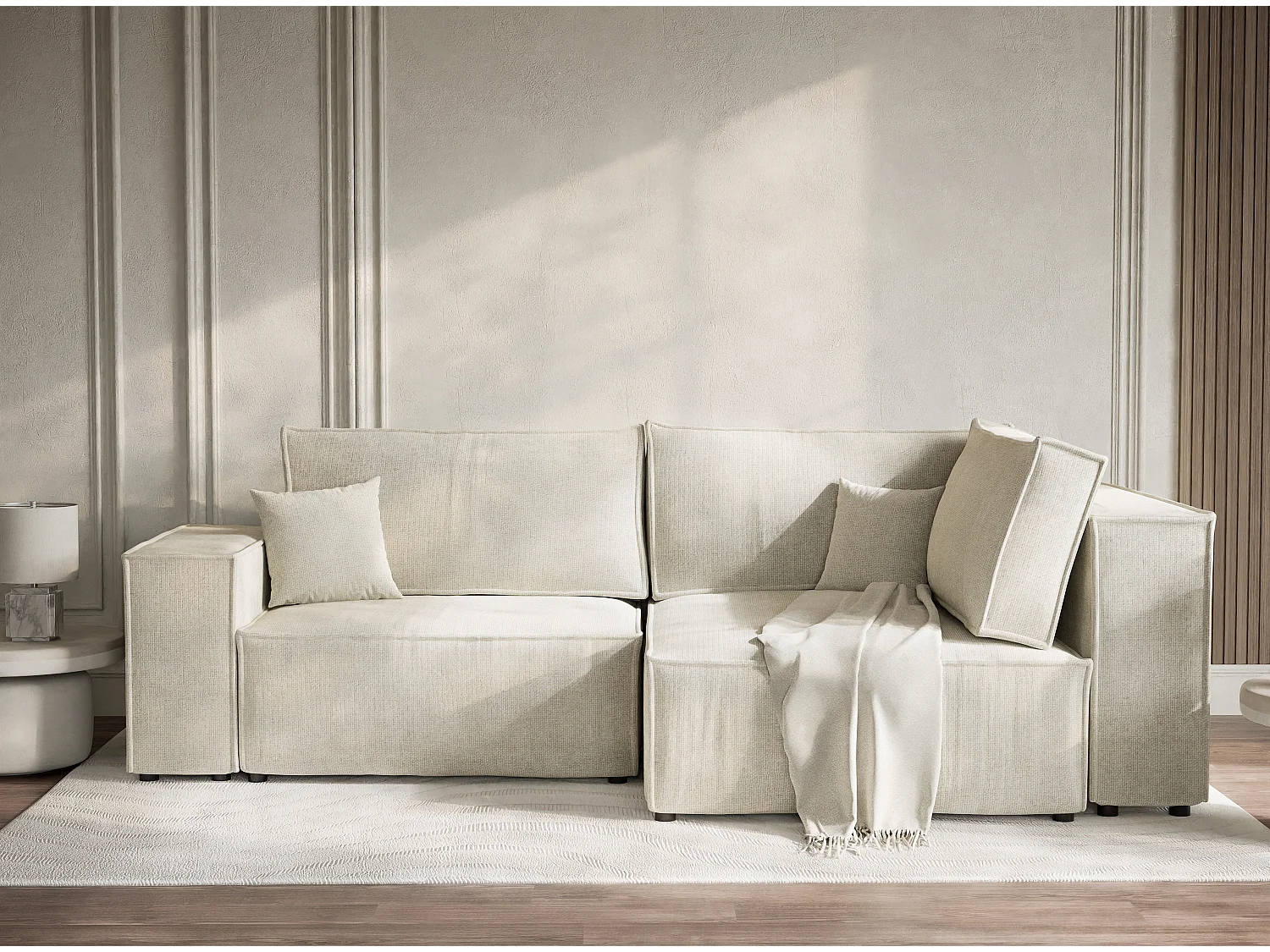 Canapé d'angle droit avec fonction lit en tissu chenille creme TONGA