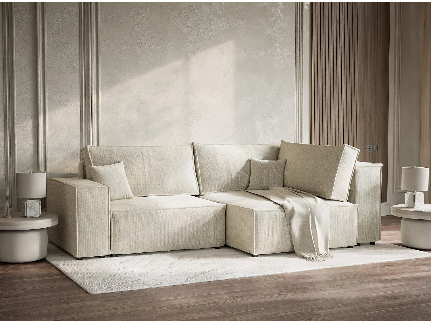 Canapé d'angle droit avec fonction lit en tissu chenille creme TONGA