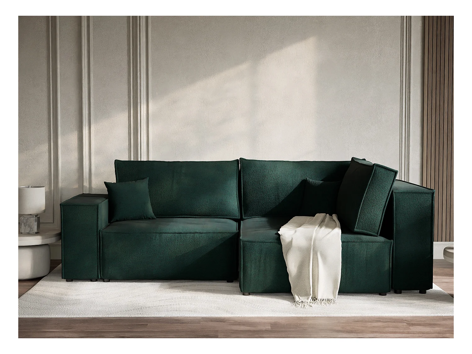 Canapé d'angle droit avec fonction lit en tissu tressé vert foncé TONGA