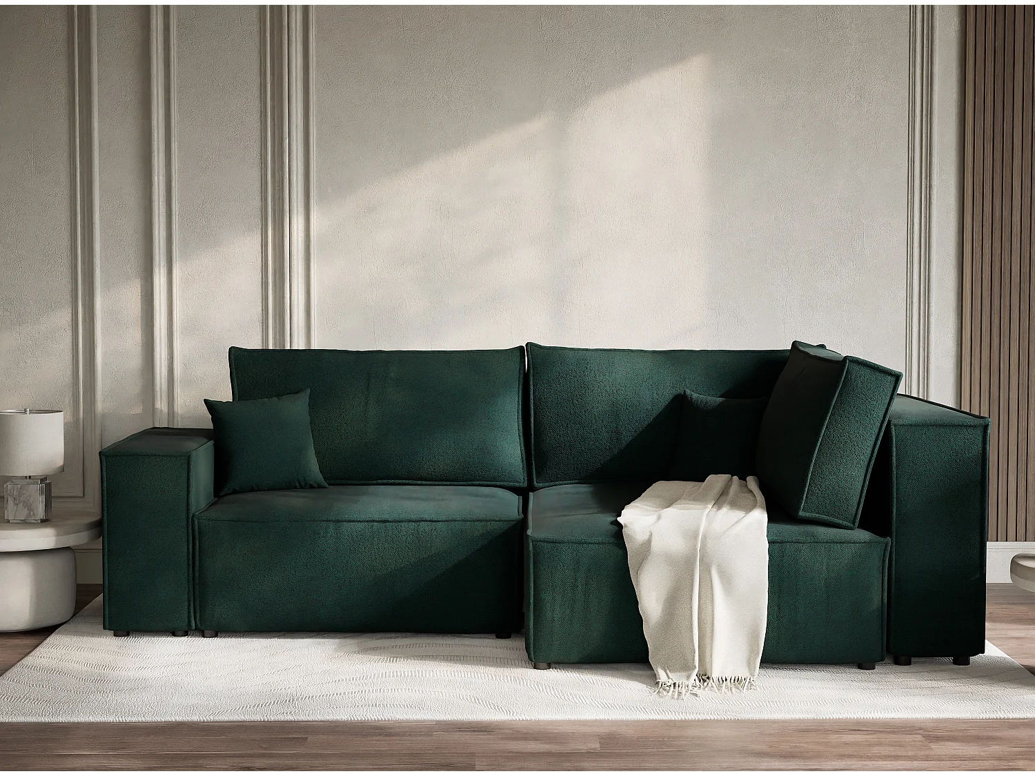 Canapé d'angle droit avec fonction lit en tissu tressé vert foncé TONGA