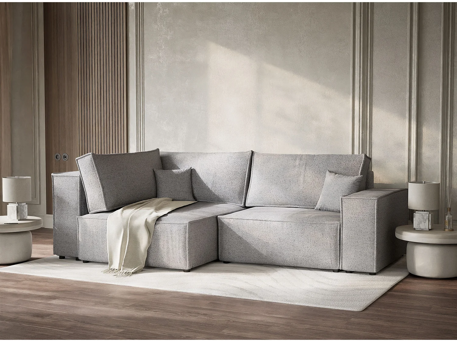 Canapé d'angle gauche avec fonction lit en tissu tressé gris clair TONGA