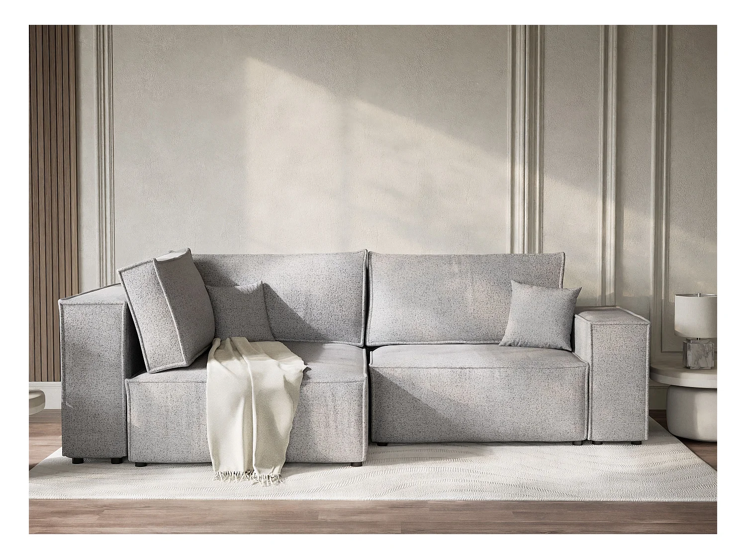 Canapé d'angle gauche avec fonction lit en tissu tressé gris clair TONGA