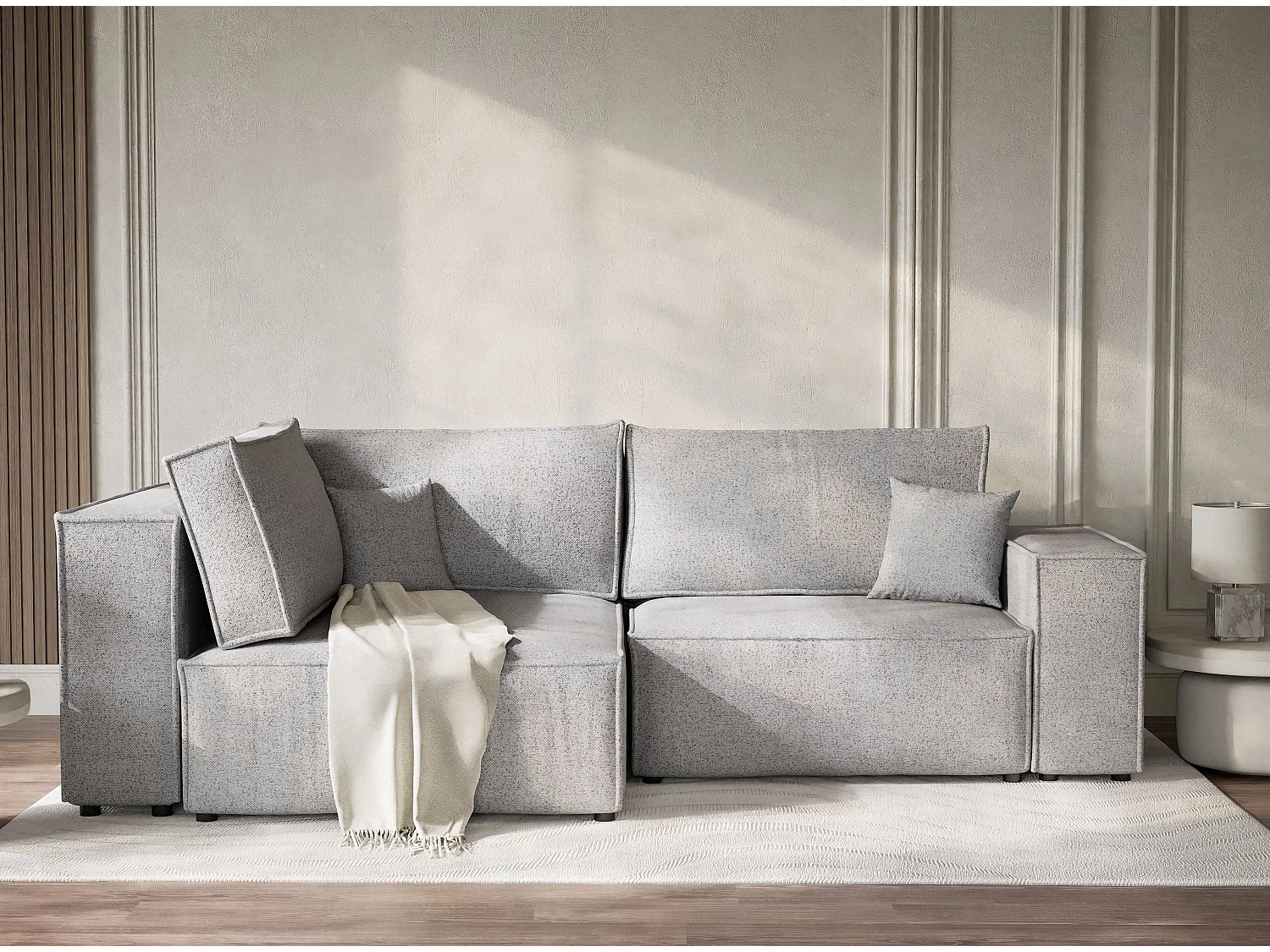 Canapé d'angle gauche avec fonction lit en tissu tressé gris clair TONGA