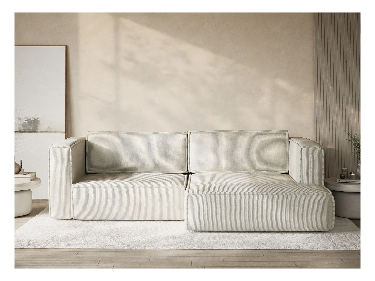 Canapé d'angle droit avec fonction lit en velours creme VELTO