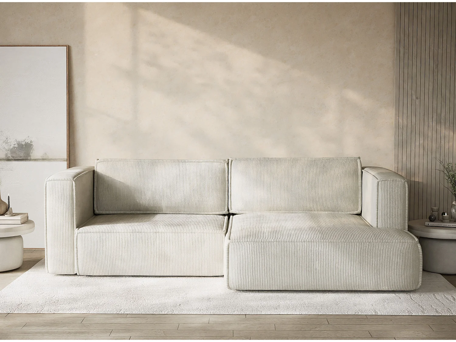 Canapé d'angle droit avec fonction lit en velours creme VELTO