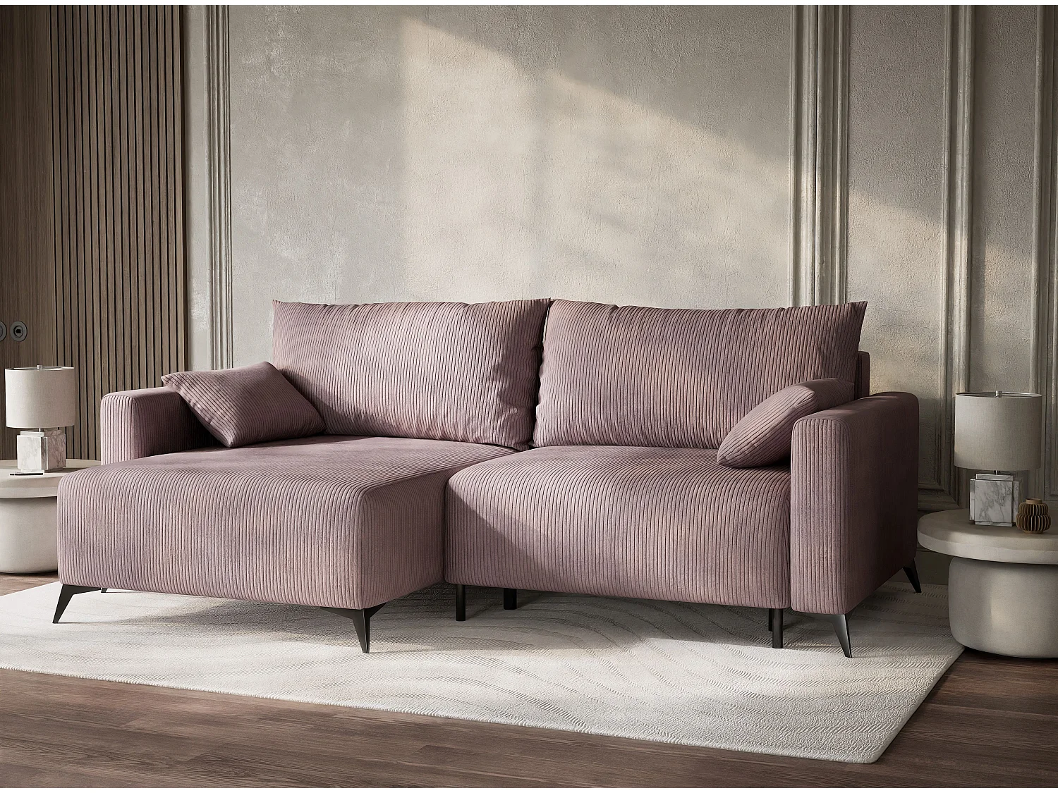 Canapé d'angle gauche avec fonction lit en velours violet LEON