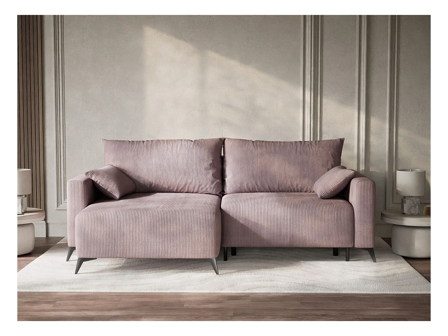 Canapé d'angle gauche avec fonction lit en velours violet LEON