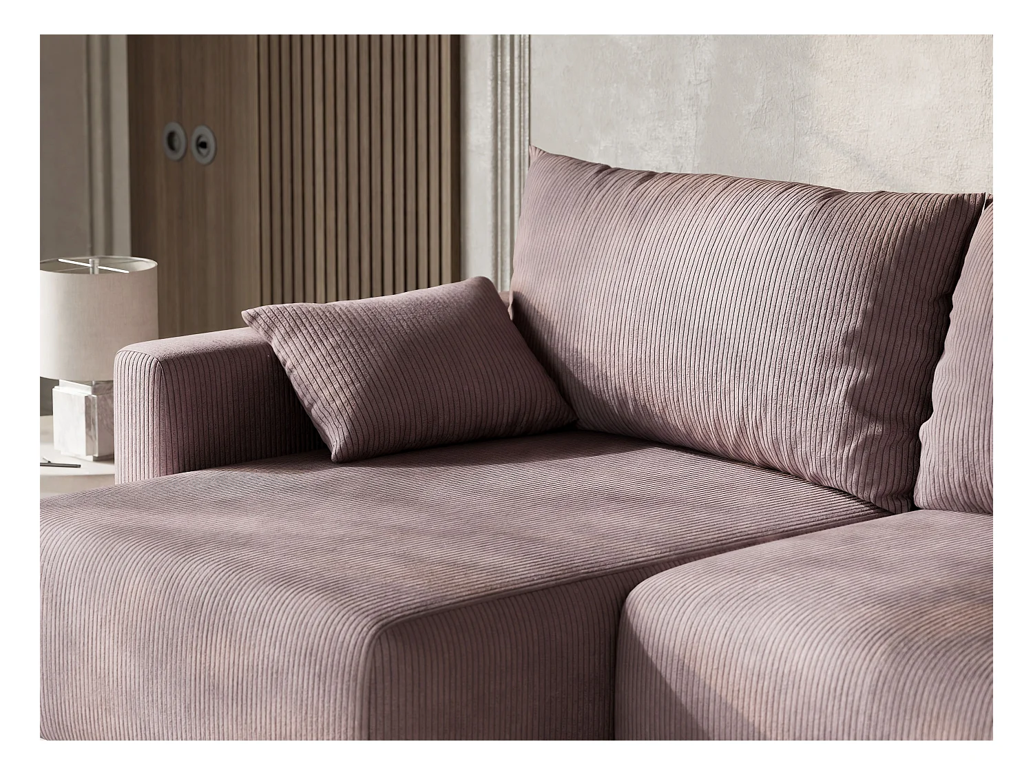 Canapé d'angle gauche avec fonction lit en velours violet LEON