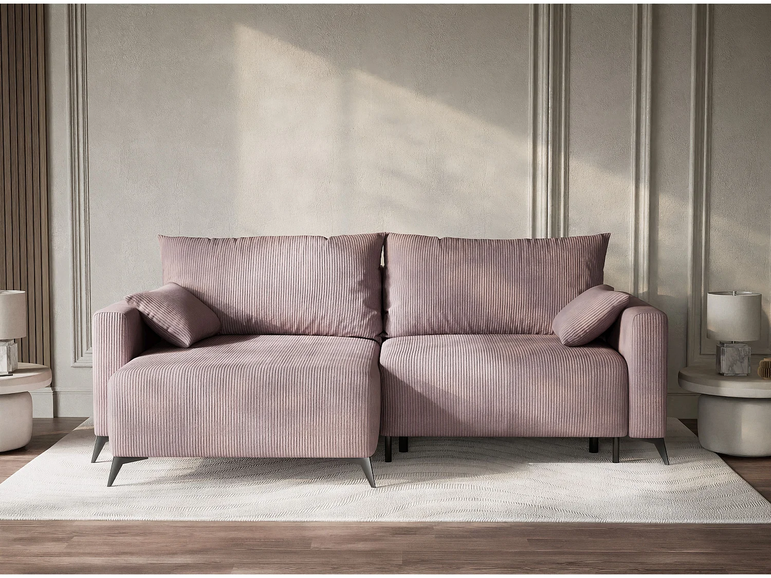 Canapé d'angle gauche avec fonction lit en velours violet LEON