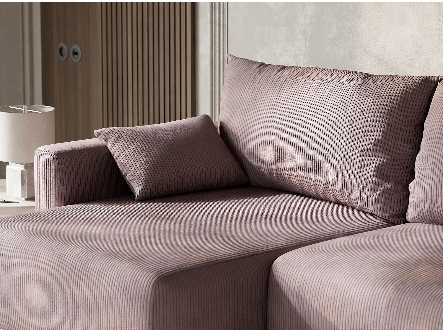 Canapé d'angle gauche avec fonction lit en velours violet LEON