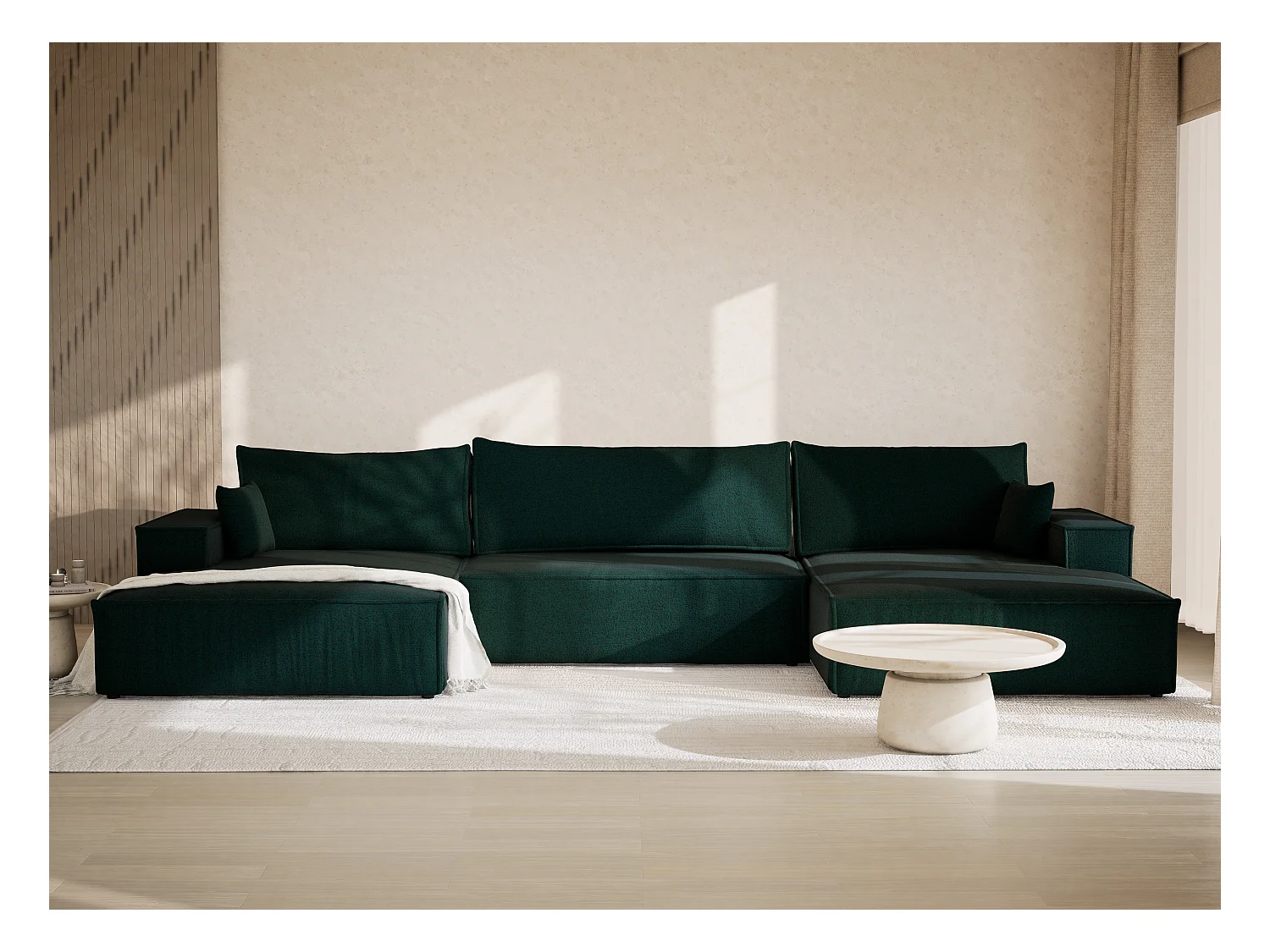 Canapé d'angle panoramique avec fonction lit en tissu tressé vert foncé KYOTO