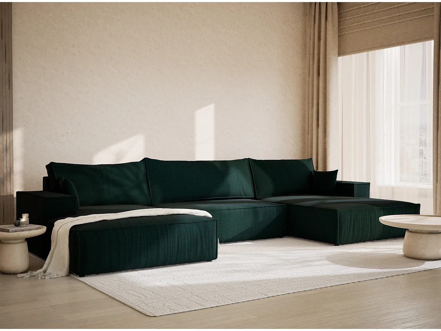 Canapé d'angle panoramique avec fonction lit en tissu tressé vert foncé KYOTO