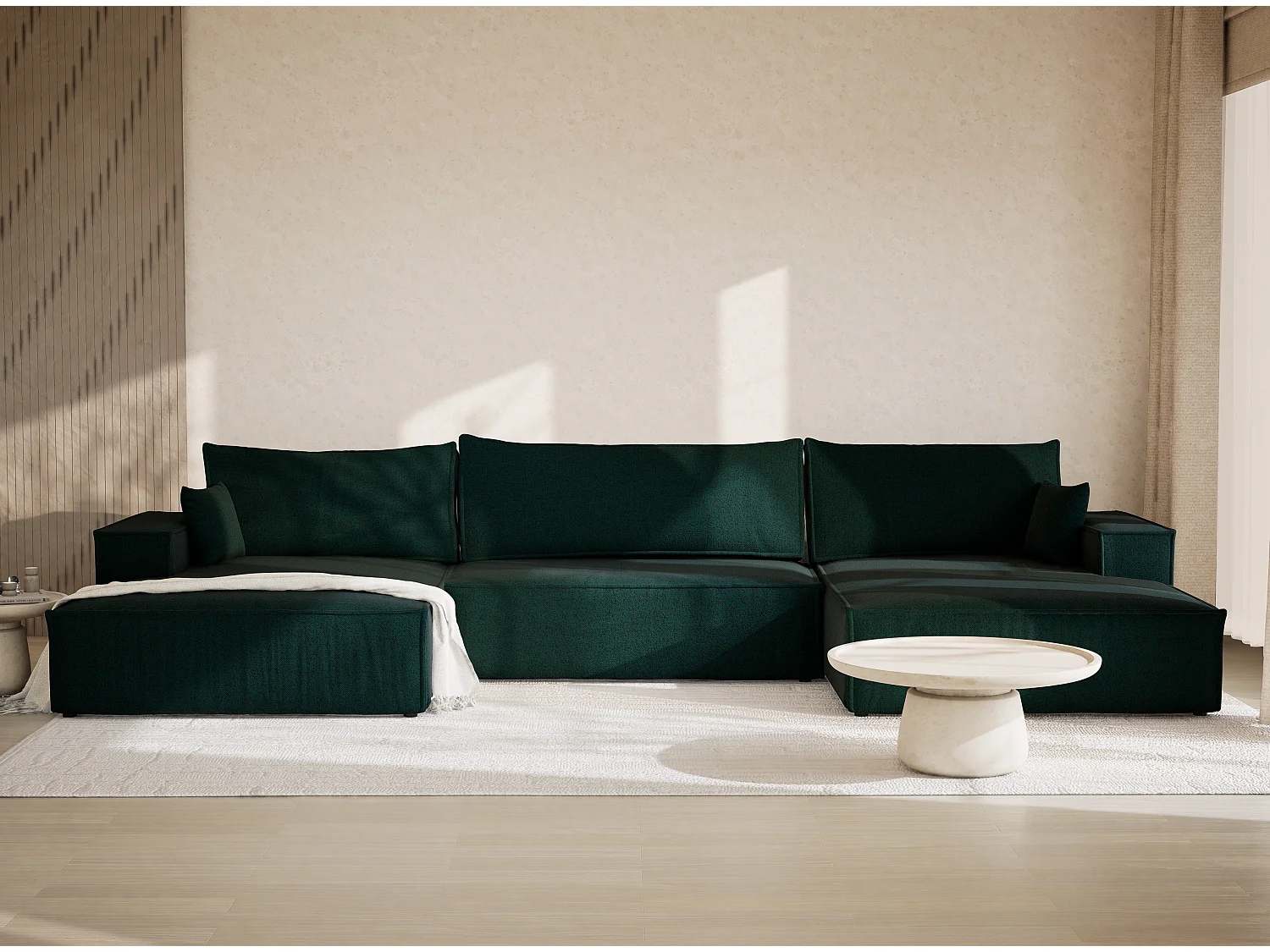 Canapé d'angle panoramique avec fonction lit en tissu tressé vert foncé KYOTO